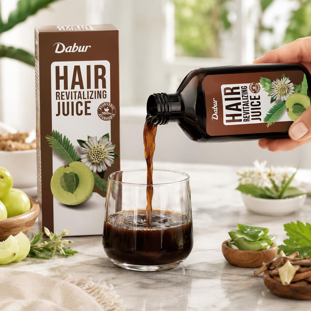 Amla, Bhringraj, Noni, Ashwagandha, and Aloe Vera for root-to-tip hair care.