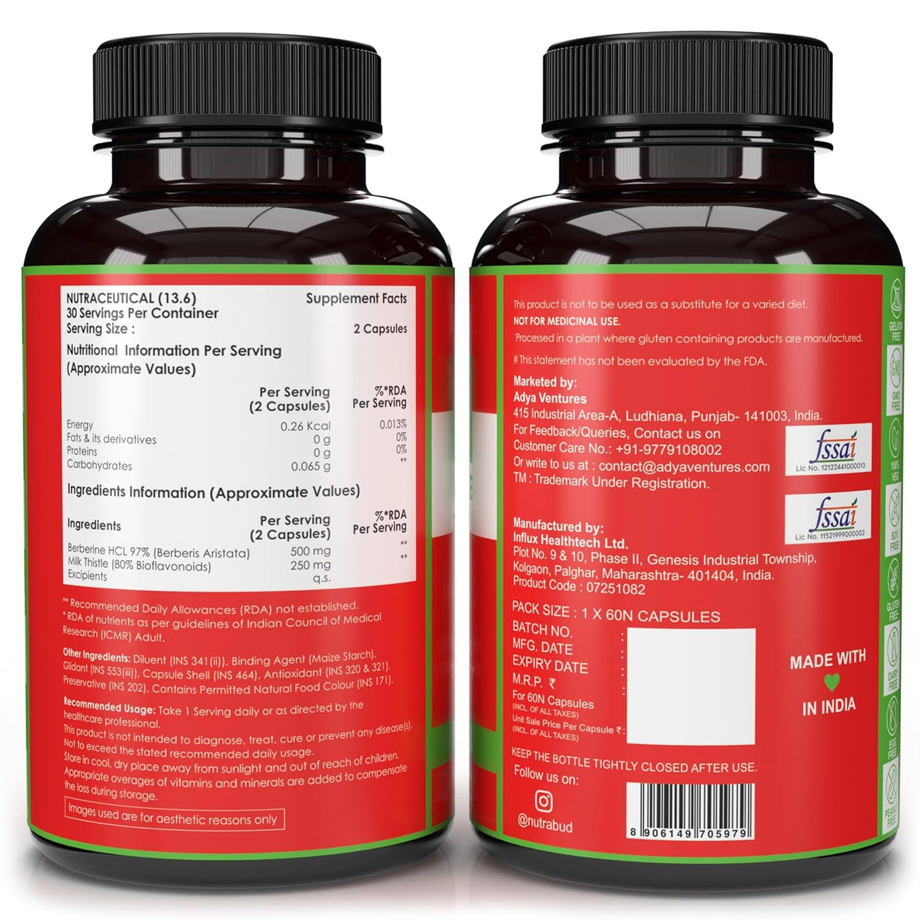 Nutrabud Berberine 500mg with Milk Thistle Supplement - Berberis Aristata Berberine HCL 97% - 60 Veg Capsules