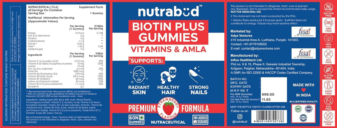 Nutrabud Biotin Hair Gummies For Women, Men 60 gummies