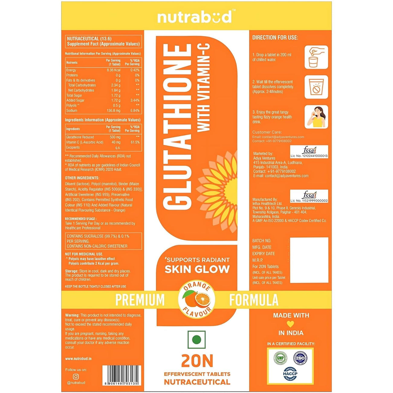 Nutrabud Glutathione Tablets 500mg with Vitamin-C 20 Tablets