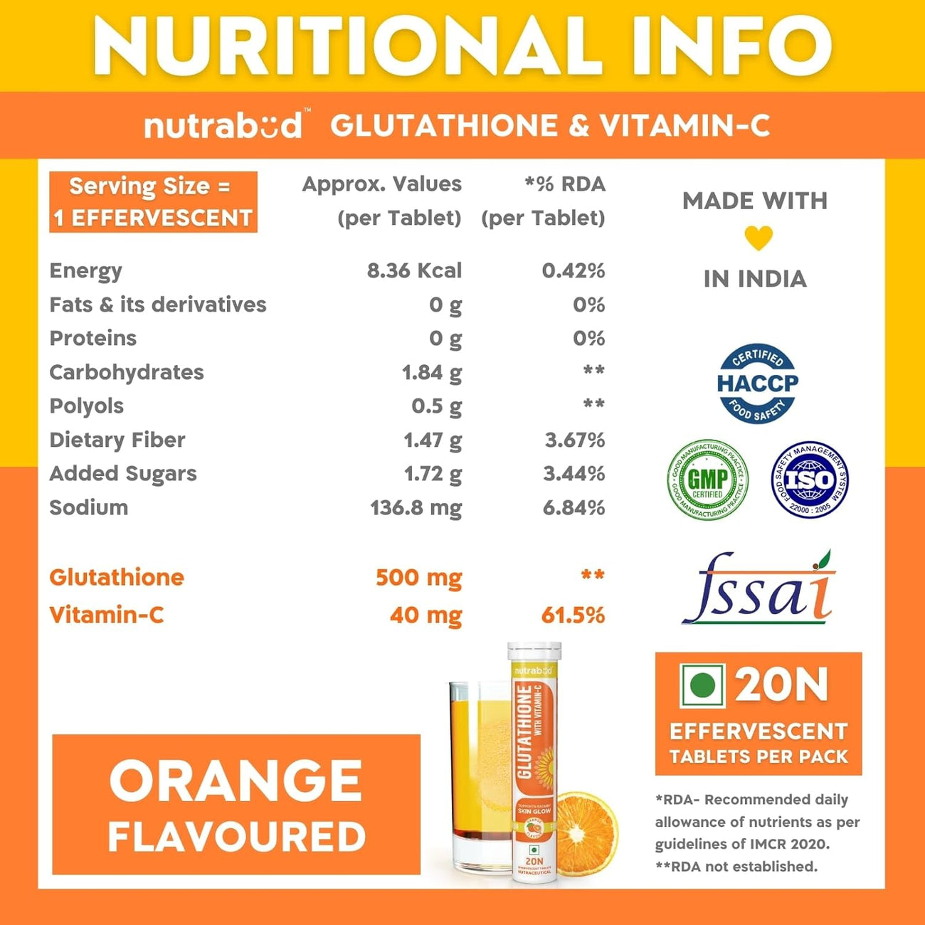 Nutrabud Glutathione Tablets 500mg with Vitamin-C 20 Tablets