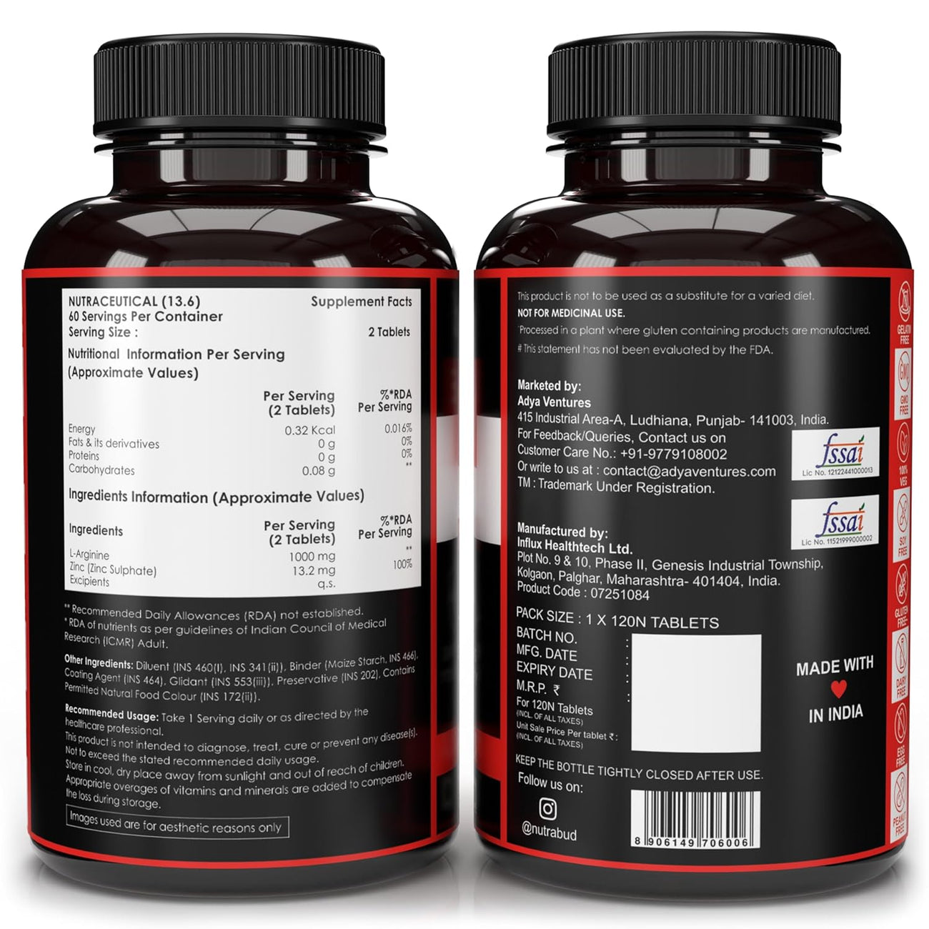 Nutrabud L-Arginine 1000 mg - 120 Tablets