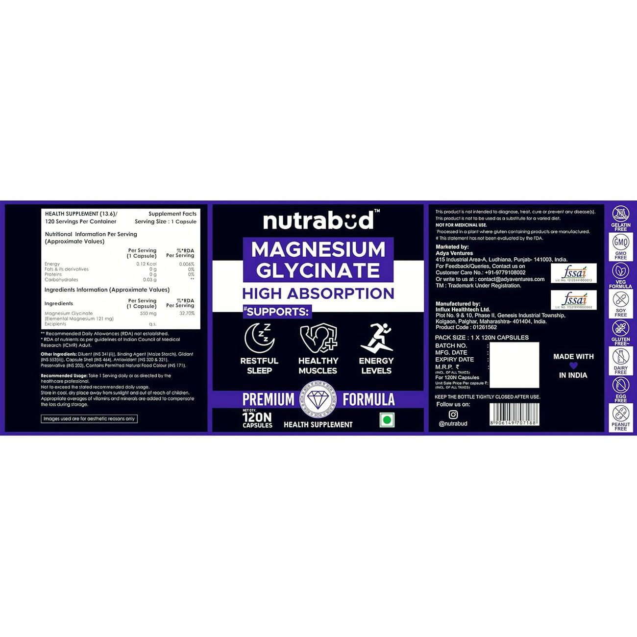 Nutrabud Magnesium Glycinate Supplement 120 Capsules