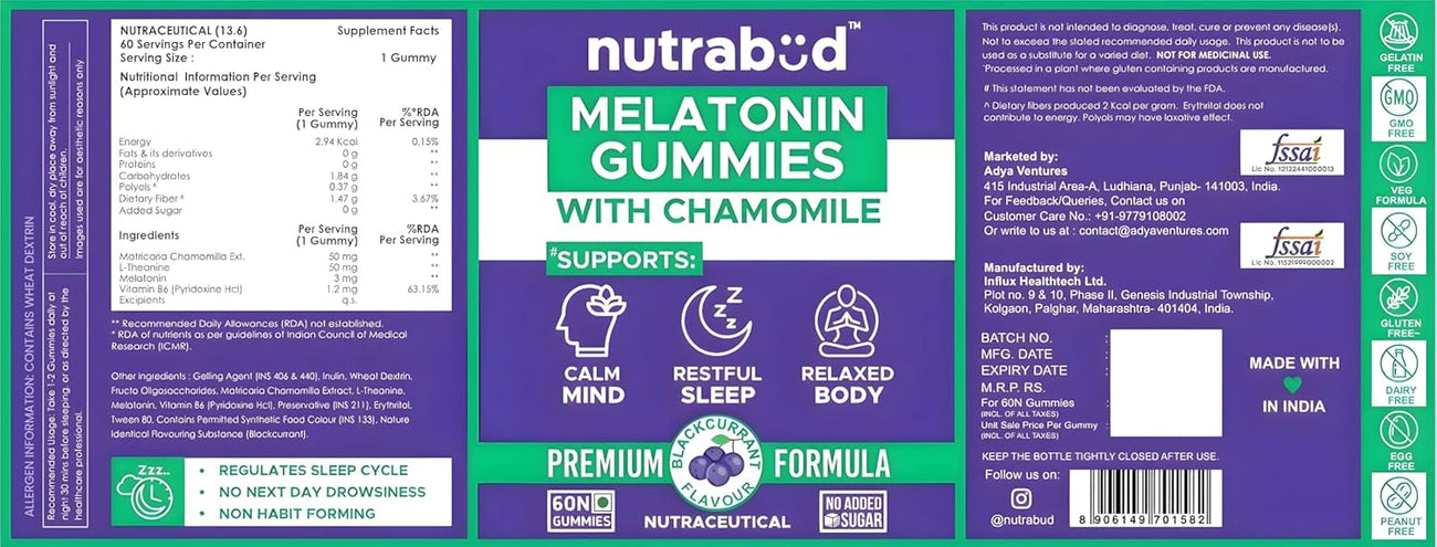Nutrabud Melatonin Sleep Gummies 3mg For Men, Women 60 Gummies