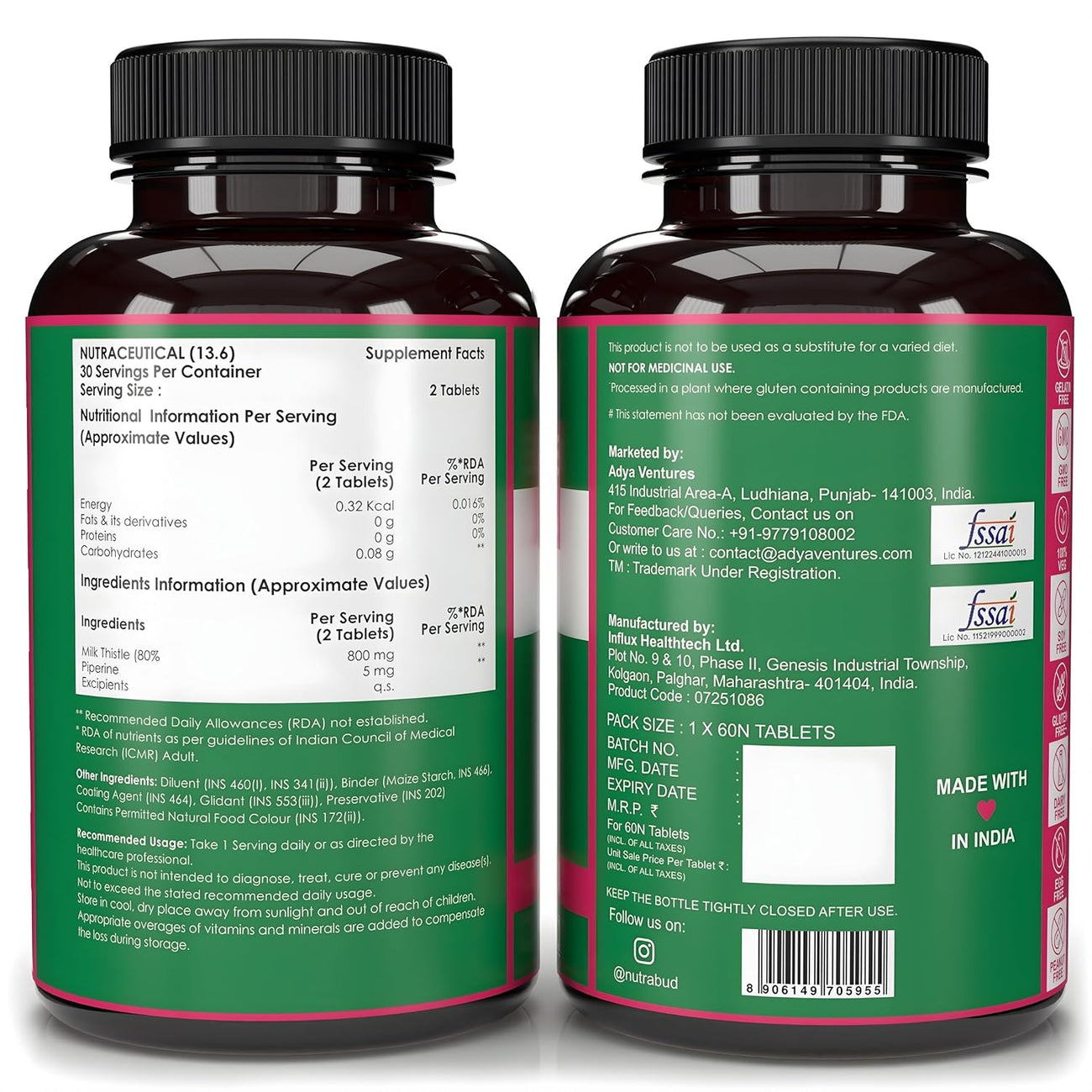 Nutrabud Milk Thistle Tablets With 800mg of 80% Silymarin - 60 Tablets