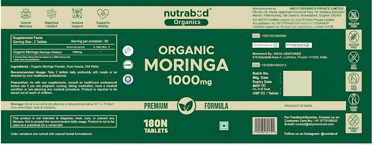 Nutrabud Organic Moringa 1000mg-180 Tablets
