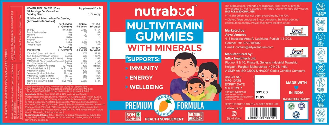 Nutrabud Multivitamin Gummies for Kids, Men, Women, Adults 60 Gummies
