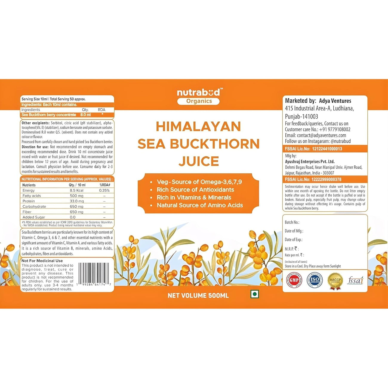 Nutrabud Organics Himalayan Sea Buckthorn Berry Juice 500 ml