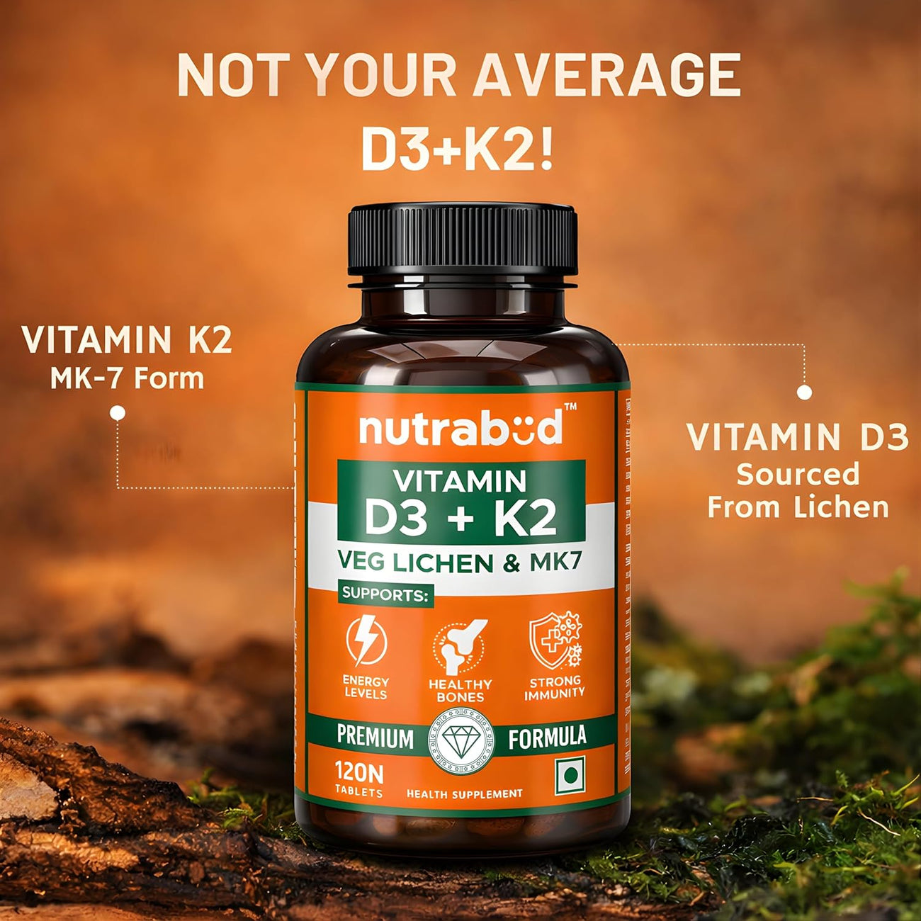 Nutrabud Vitamin D3 K2 MK7 - 120 Tablets