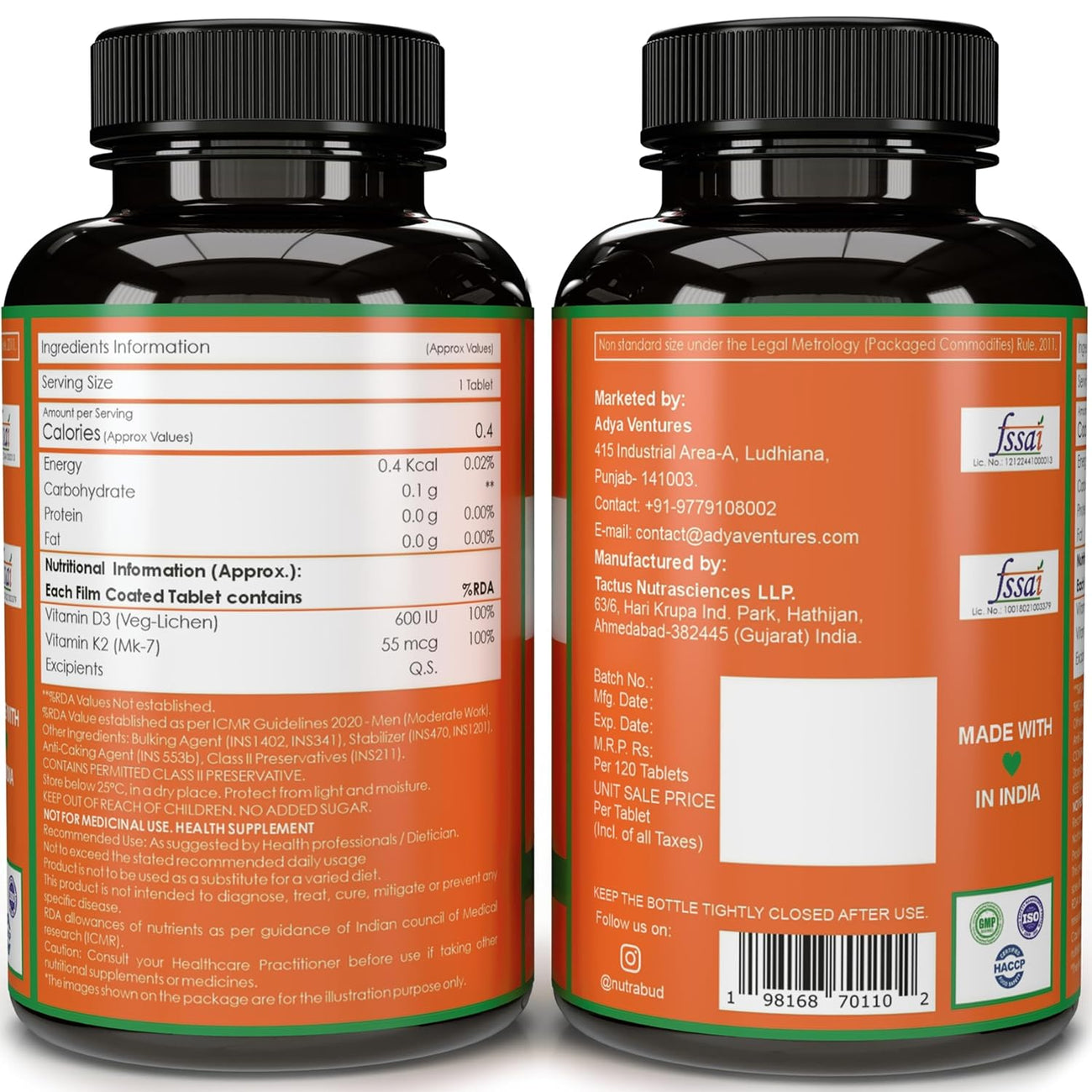 Nutrabud Vitamin D3 K2 MK7 - 120 Tablets