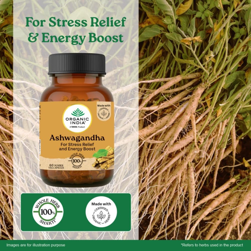 Organic India Pure Ashwagandha Root bottle and 60 vegetable capsule pack