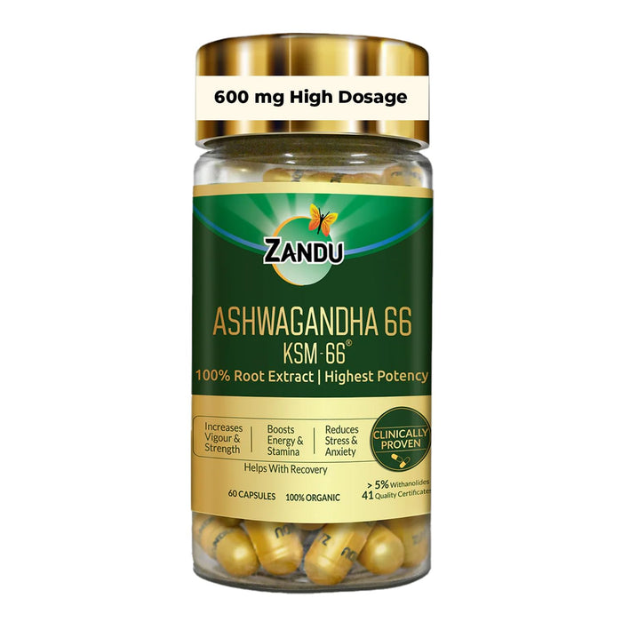 Zandu Ashwagandha KSM-66 600 mg oral supplement bottle
