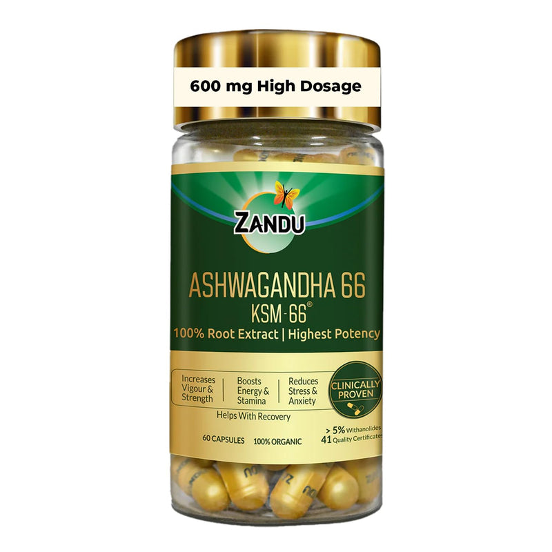 Zandu Ashwagandha KSM-66 600 mg pack shown as a 60 capsule bottle