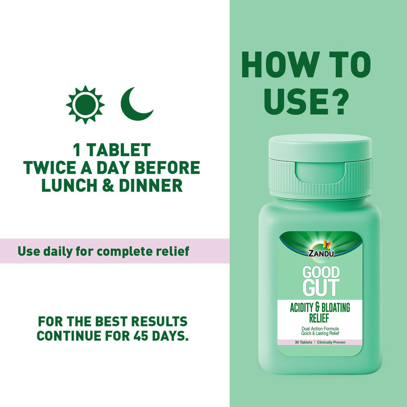 Zandu Good Gut Acidity & Bloating Relief Tablets  Clinically Proven  Instant & Long-Lasting Relief  Non-Habit Forming, 30 Tablets