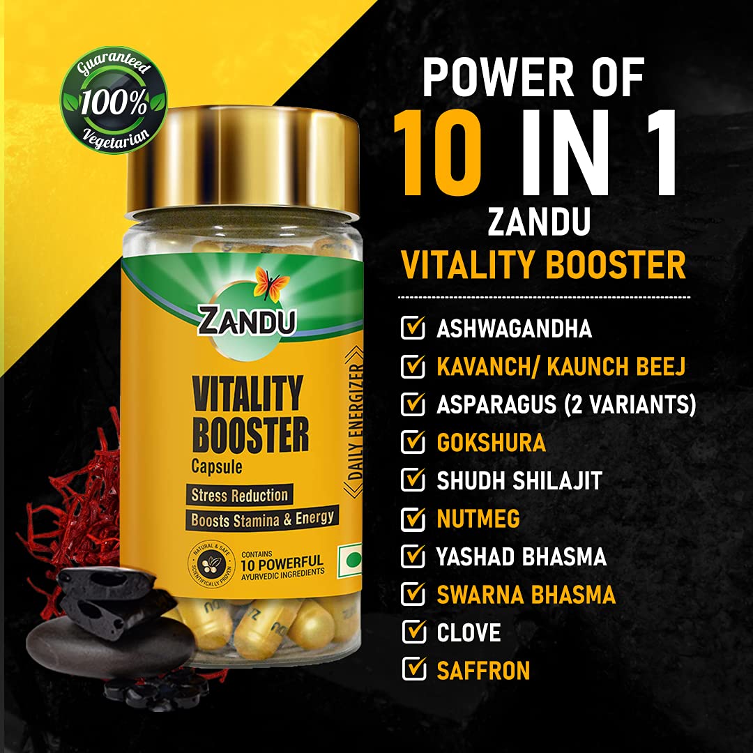 Zandu Vitality Booster Capsule, With Goodness of Ashwagandha, Safed Musli, Gokshur, Shuddha Shjilajit, Helps to Boost Energy and Strength