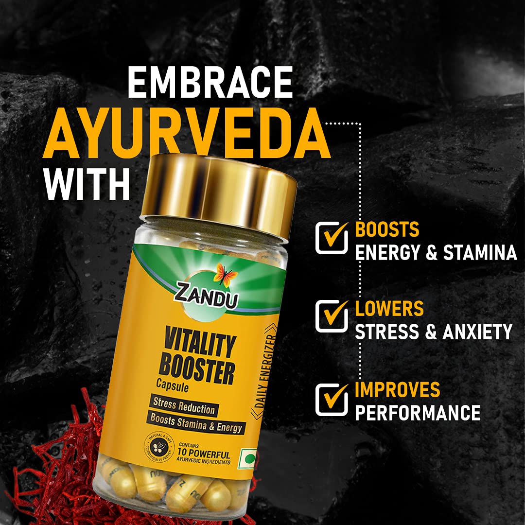 Zandu Vitality Booster Capsule, With Goodness of Ashwagandha, Safed Musli, Gokshur, Shuddha Shjilajit, Helps to Boost Energy and Strength